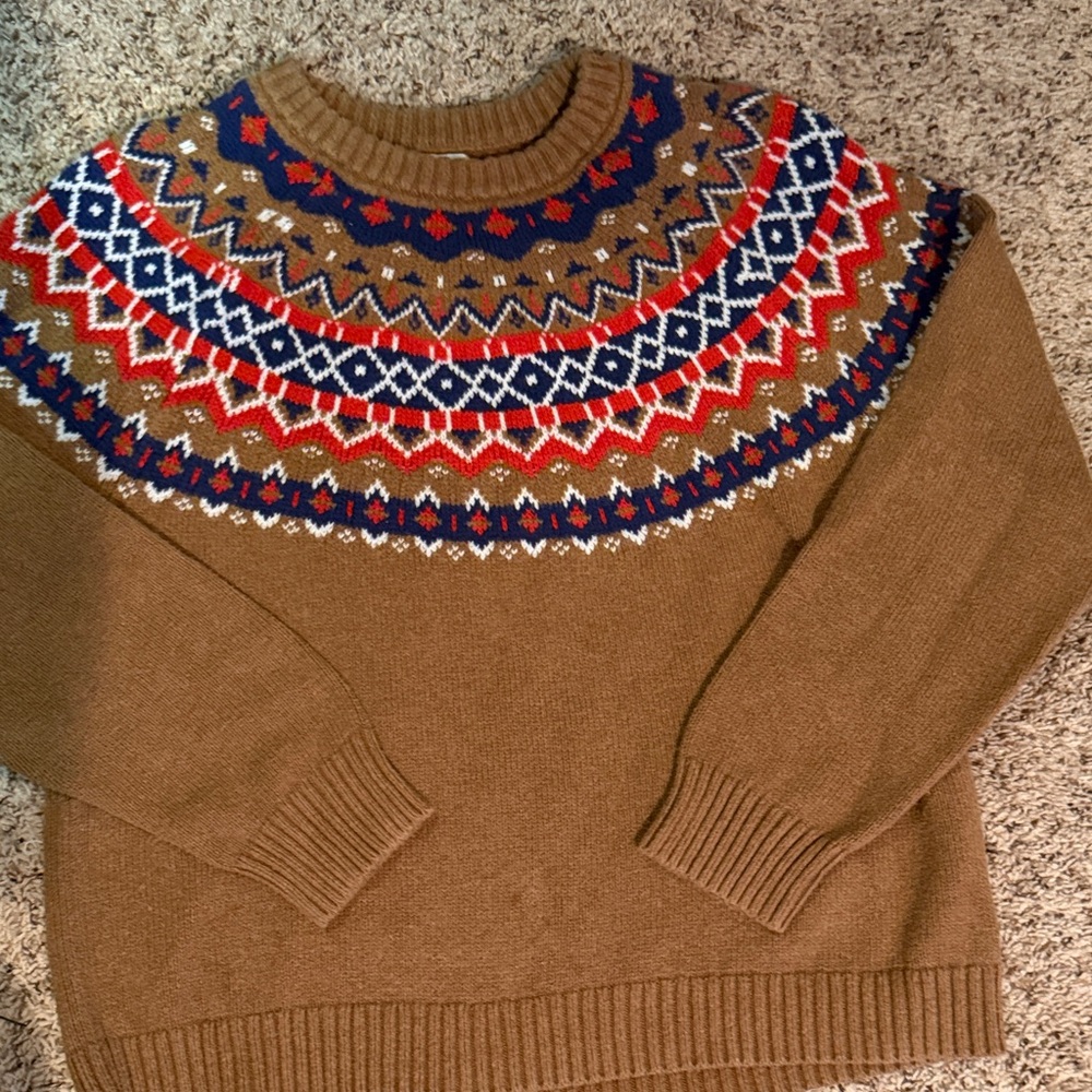 J. Crew Brown Fair Isle Crewneck Sweater